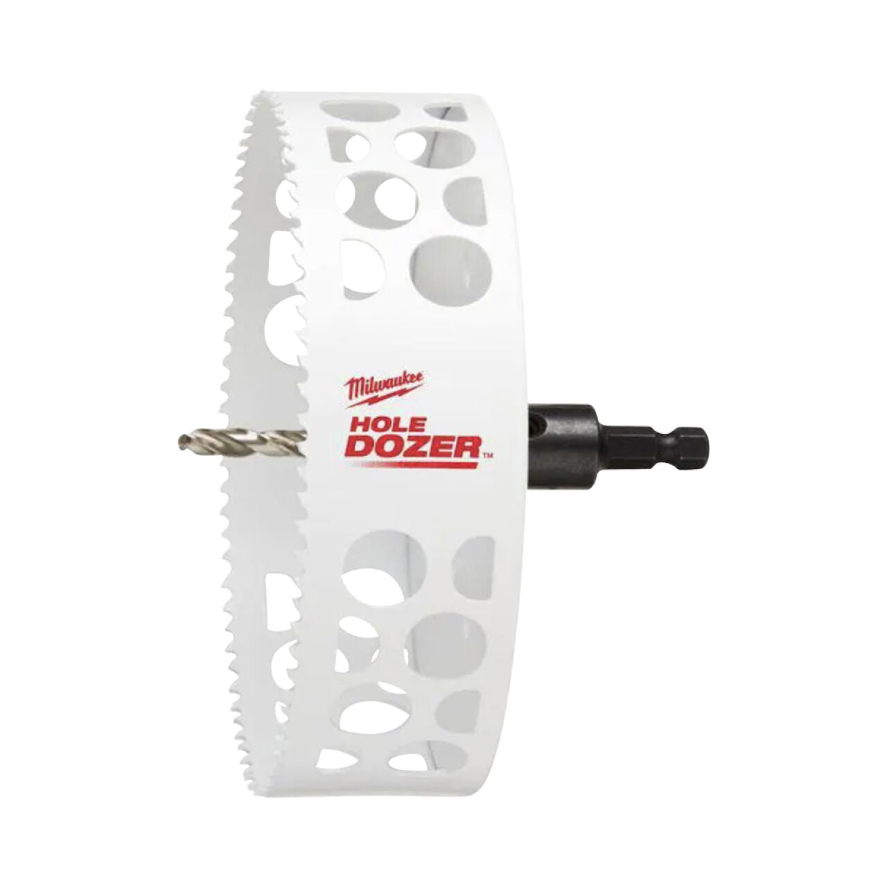 A white Go Build 6 in. Hole Dozer Bi-Metal Hole Saw with pilot bit and black 3/8 in. arbor features sharp teeth, round vents, and the brand name “Go Build, The Fastest Way To Build” printed in red on the side.